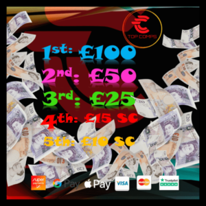 5x Winners £100, £50, £25, £15 SC, £10 SC