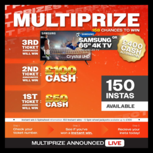 Samsung 65″ 4K TV Multiprize Special + x150 Instant Wins + x5 Spinwheel Prizes